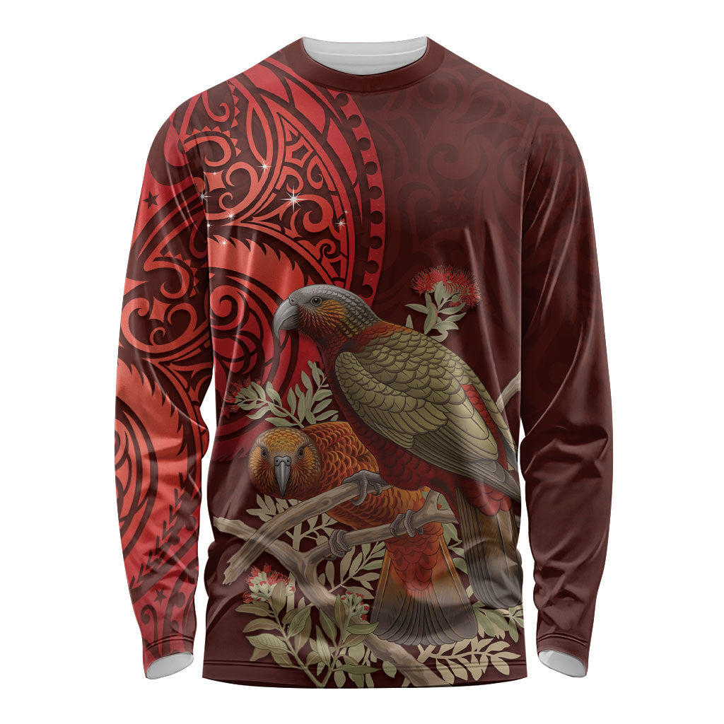 New Zealand Kaka Bird Personalised Long Sleeve Shirt Pohutukawa Matariki Maori Pattern