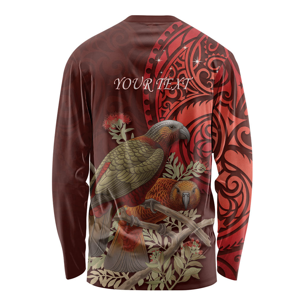 New Zealand Kaka Bird Personalised Long Sleeve Shirt Pohutukawa Matariki Maori Pattern