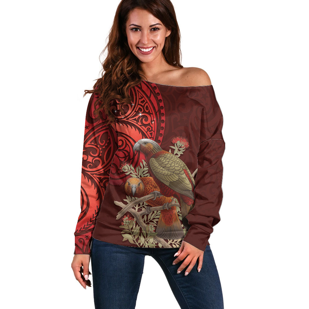 New Zealand Kaka Bird Personalised Off Shoulder Sweater Pohutukawa Matariki Maori Pattern
