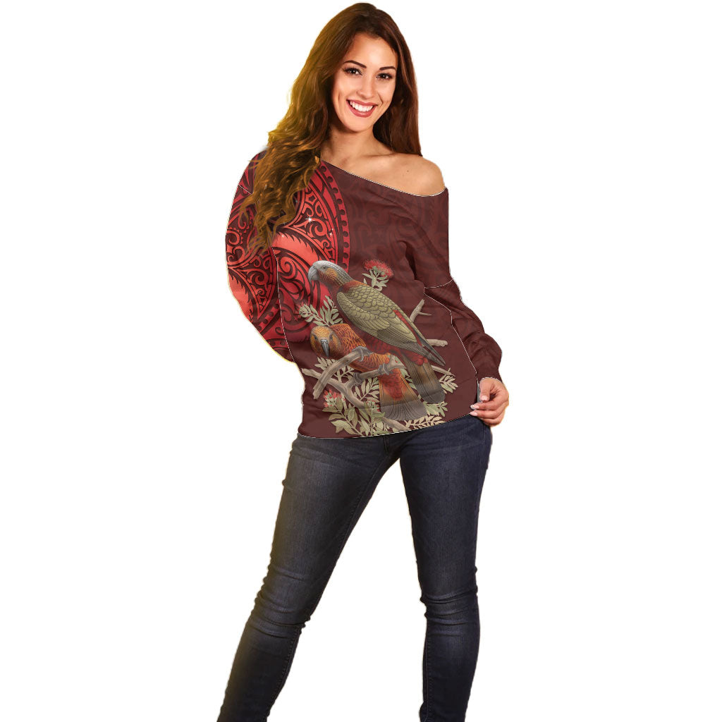 New Zealand Kaka Bird Personalised Off Shoulder Sweater Pohutukawa Matariki Maori Pattern