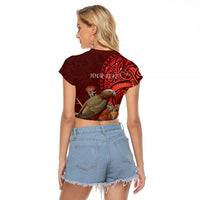 New Zealand Kaka Bird Personalised Raglan Cropped T Shirt Pohutukawa Matariki Maori Pattern