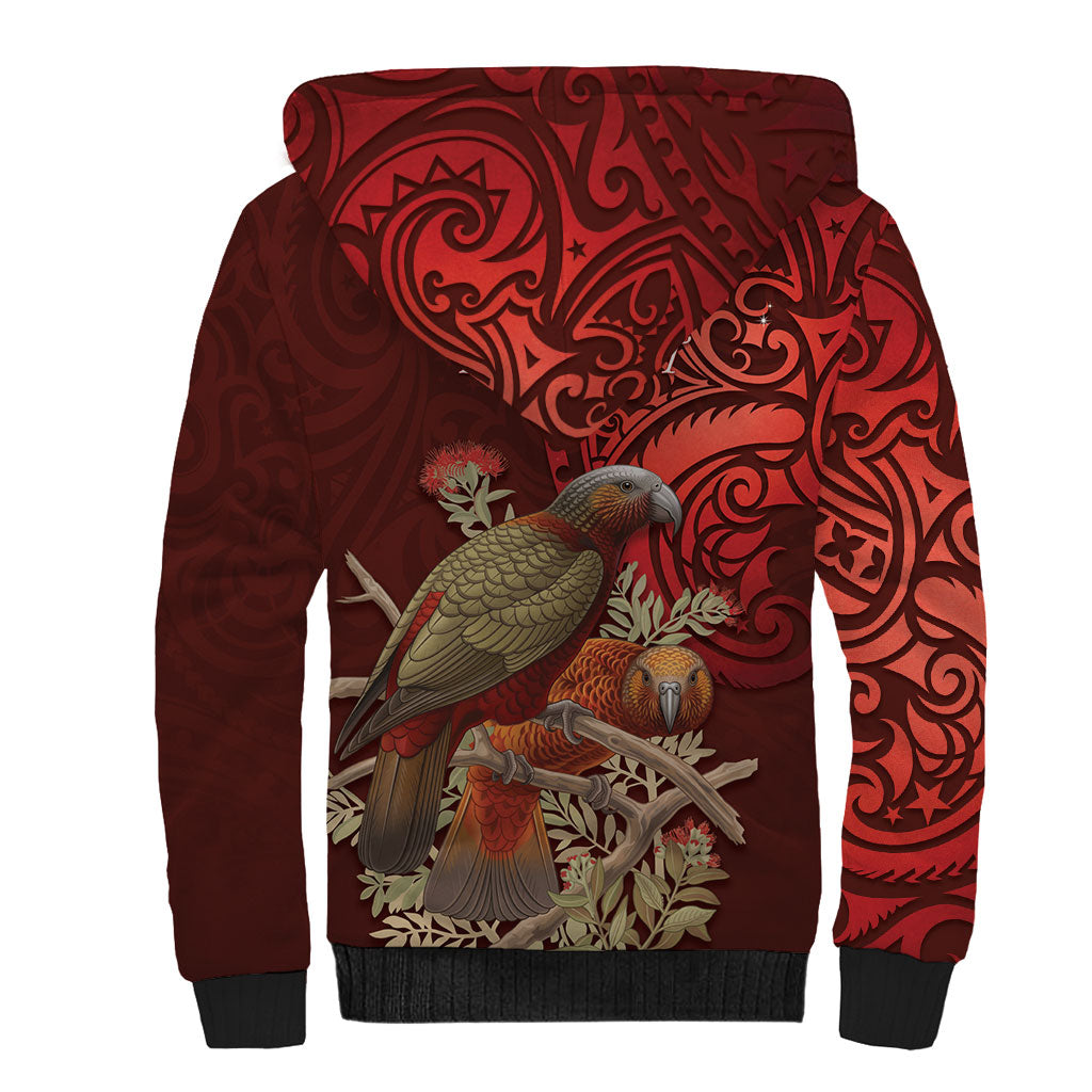 New Zealand Kaka Bird Personalised Sherpa Hoodie Pohutukawa Matariki Maori Pattern