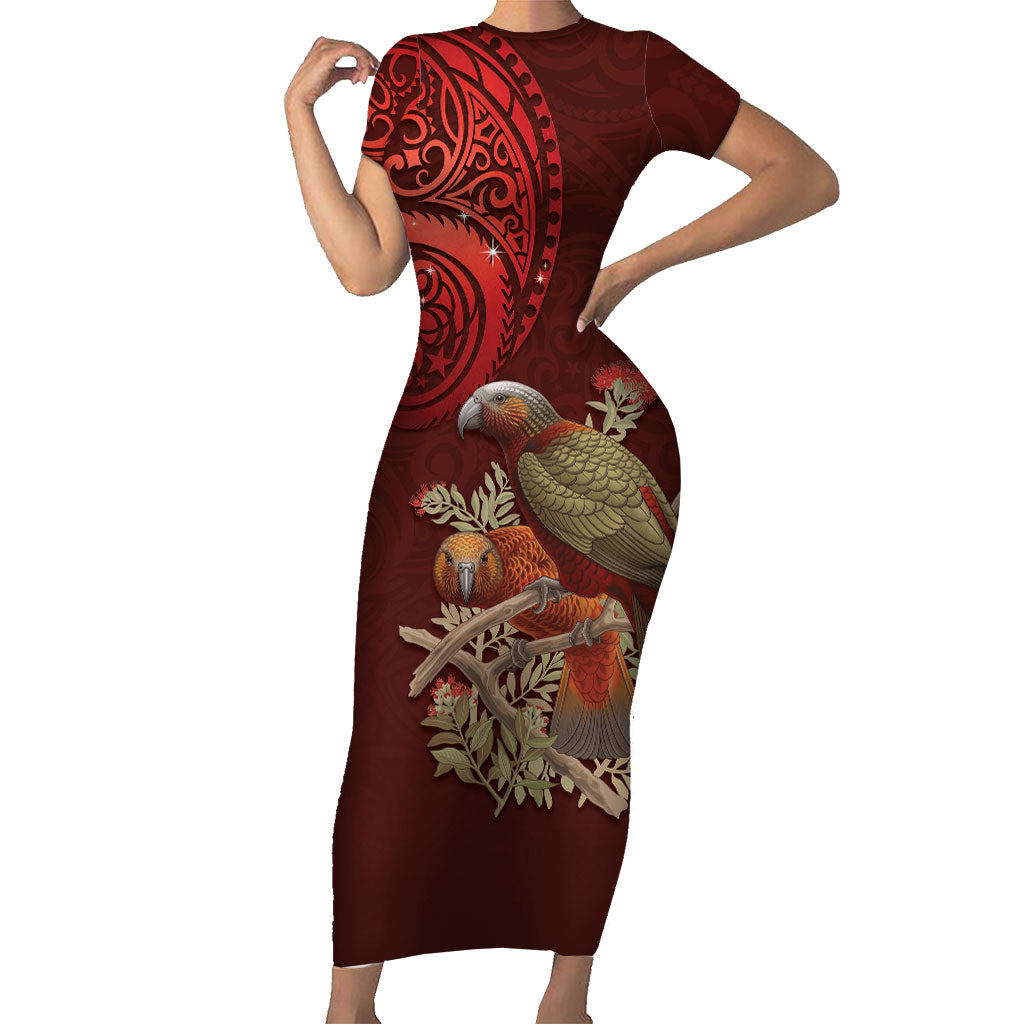 New Zealand Kaka Bird Personalised Short Sleeve Bodycon Dress Pohutukawa Matariki Maori Pattern