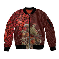 New Zealand Kaka Bird Personalised Sleeve Zip Bomber Jacket Pohutukawa Matariki Maori Pattern