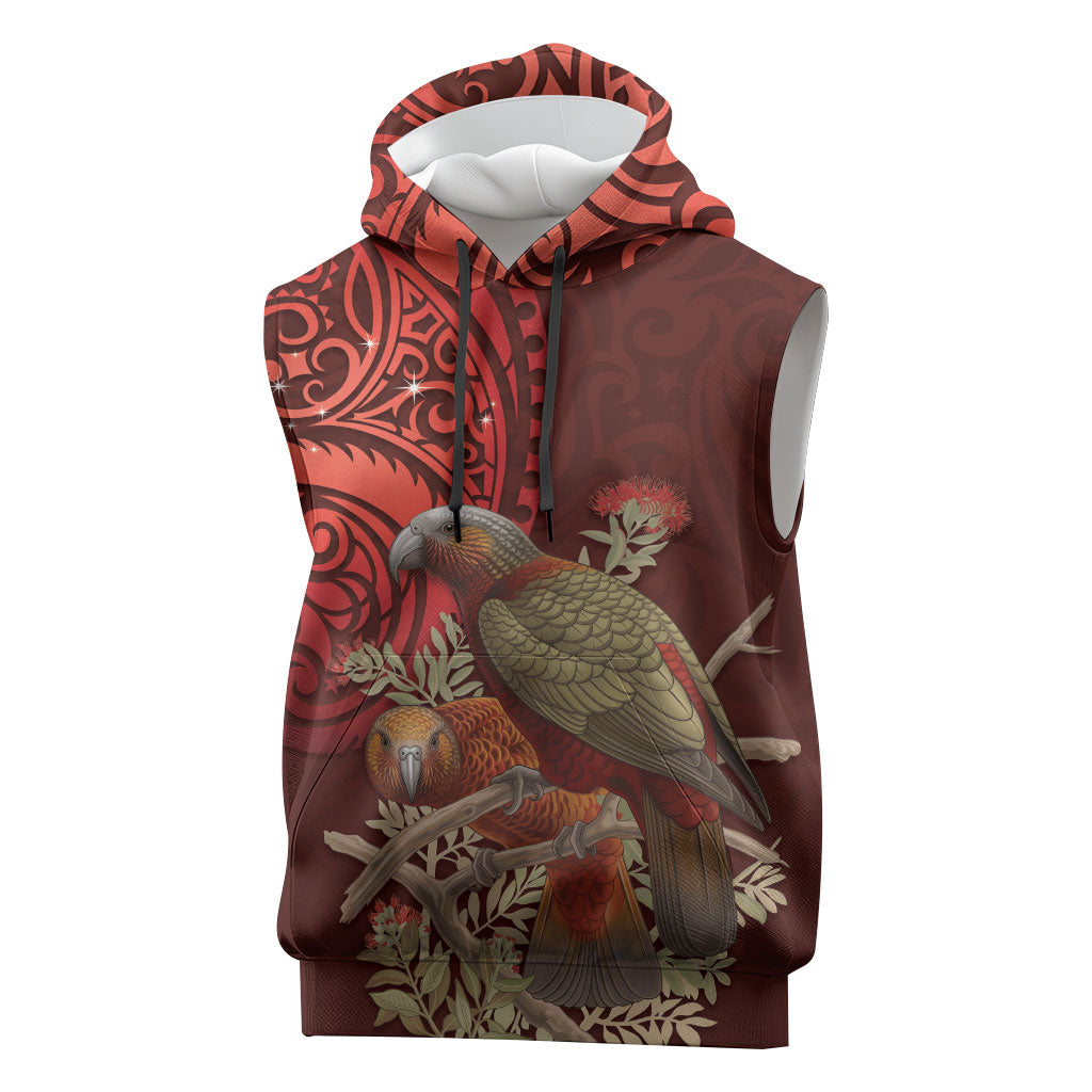 New Zealand Kaka Bird Personalised Sleeveless Hoodie Pohutukawa Matariki Maori Pattern