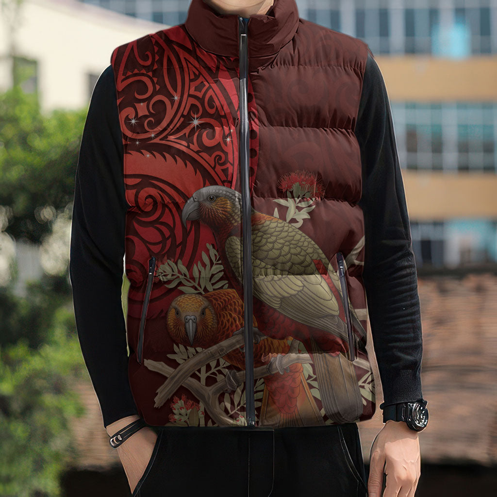 New Zealand Kaka Bird Personalised Sleeveless Puffer Jacket Pohutukawa Matariki Maori Pattern