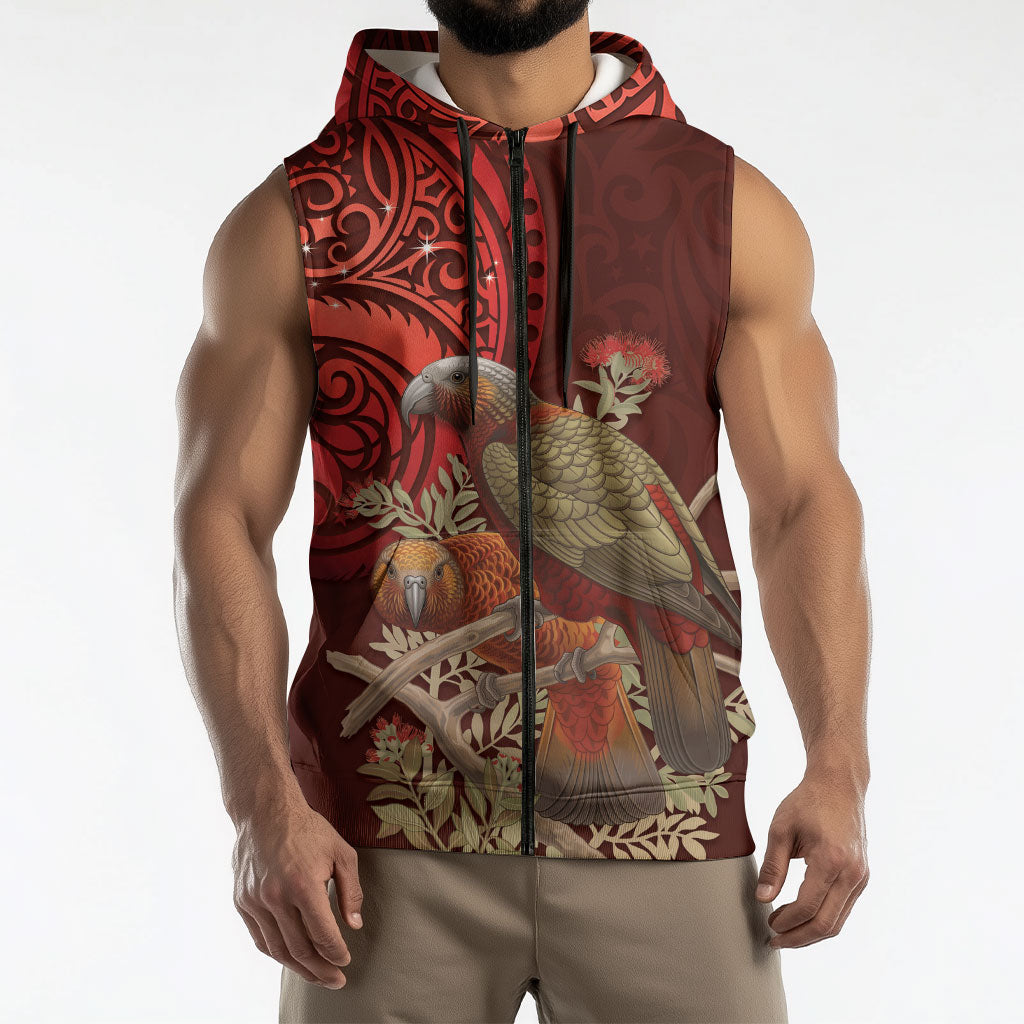 New Zealand Kaka Bird Personalised Sleeveless Zip Hoodie Pohutukawa Matariki Maori Pattern
