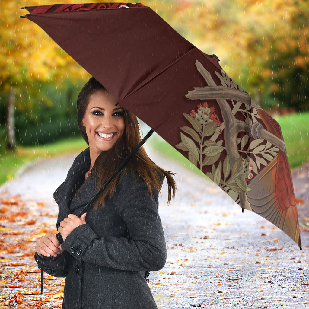 New Zealand Kaka Bird Personalised Umbrella Pohutukawa Matariki Maori Pattern