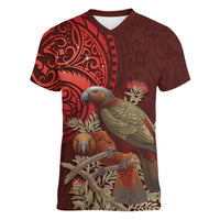 New Zealand Kaka Bird Personalised Women V-Neck T-Shirt Pohutukawa Matariki Maori Pattern