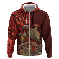 New Zealand Kaka Bird Personalised Zip Hoodie Pohutukawa Matariki Maori Pattern