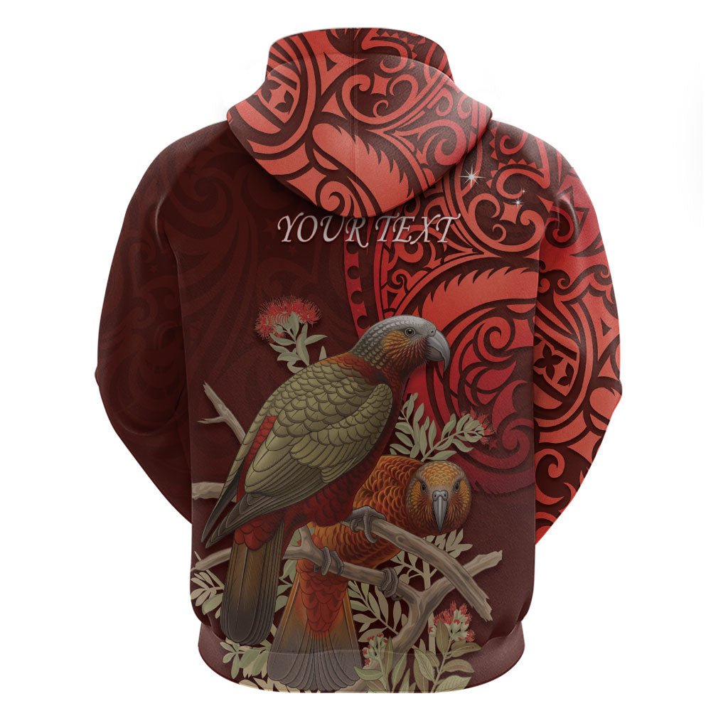 New Zealand Kaka Bird Personalised Zip Hoodie Pohutukawa Matariki Maori Pattern