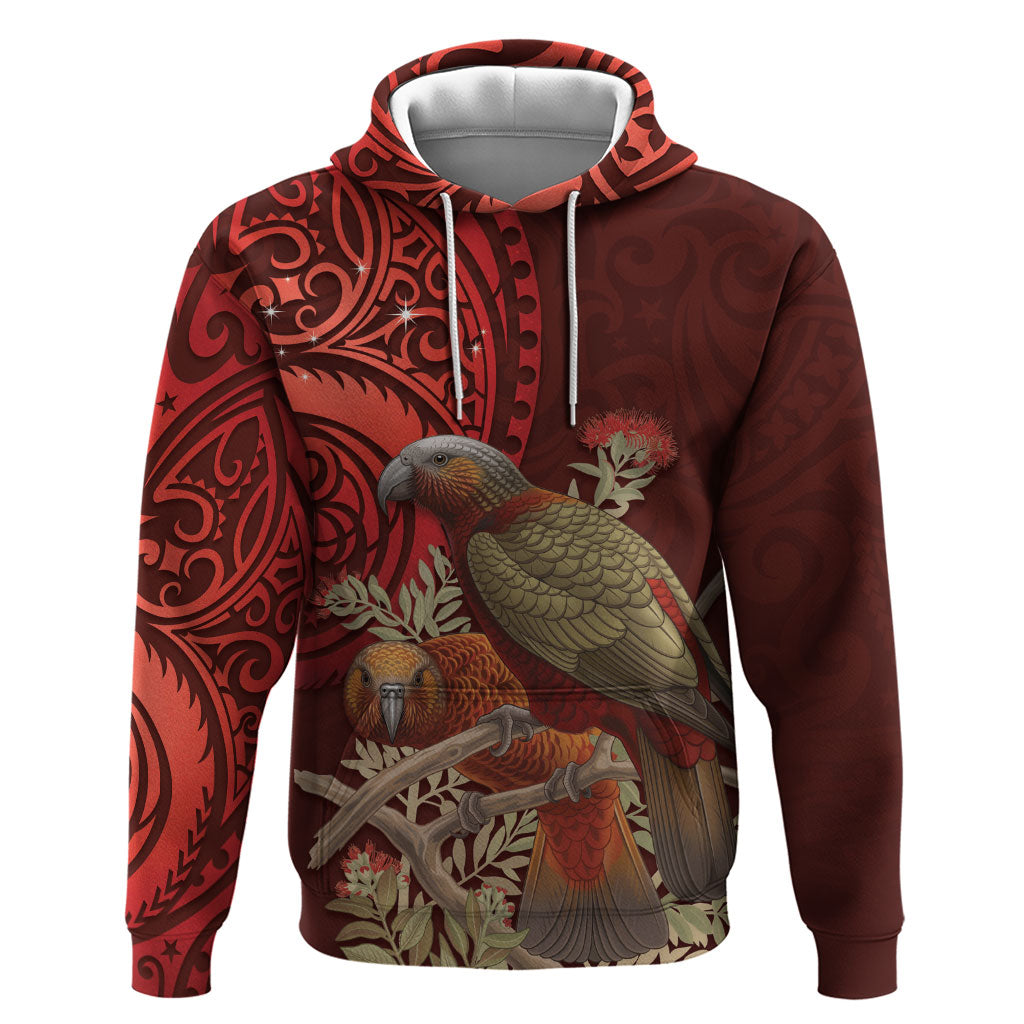 New Zealand Kaka Bird Personalised Zip Hoodie Pohutukawa Matariki Maori Pattern