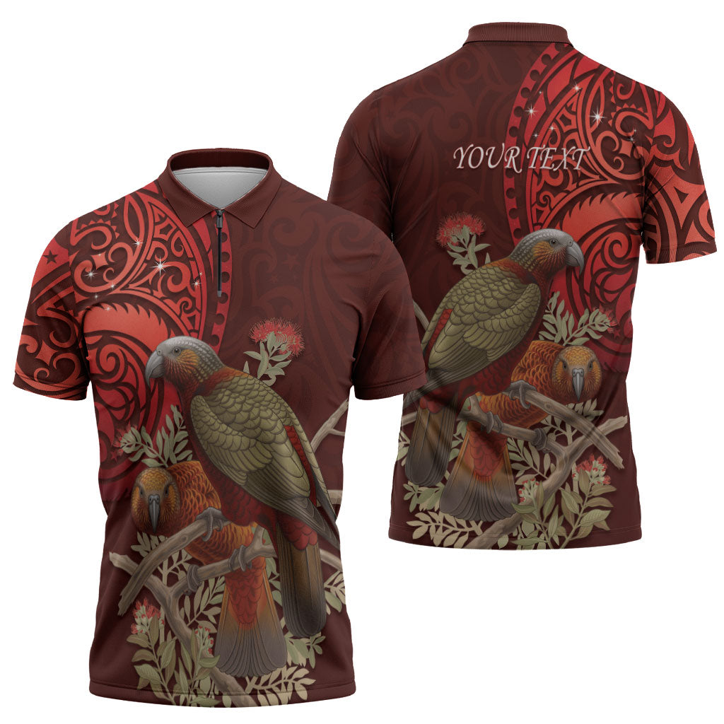 New Zealand Kaka Bird Personalised Zipper Polo Shirt Pohutukawa Matariki Maori Pattern