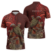 New Zealand Kaka Bird Personalised Zipper Polo Shirt Pohutukawa Matariki Maori Pattern