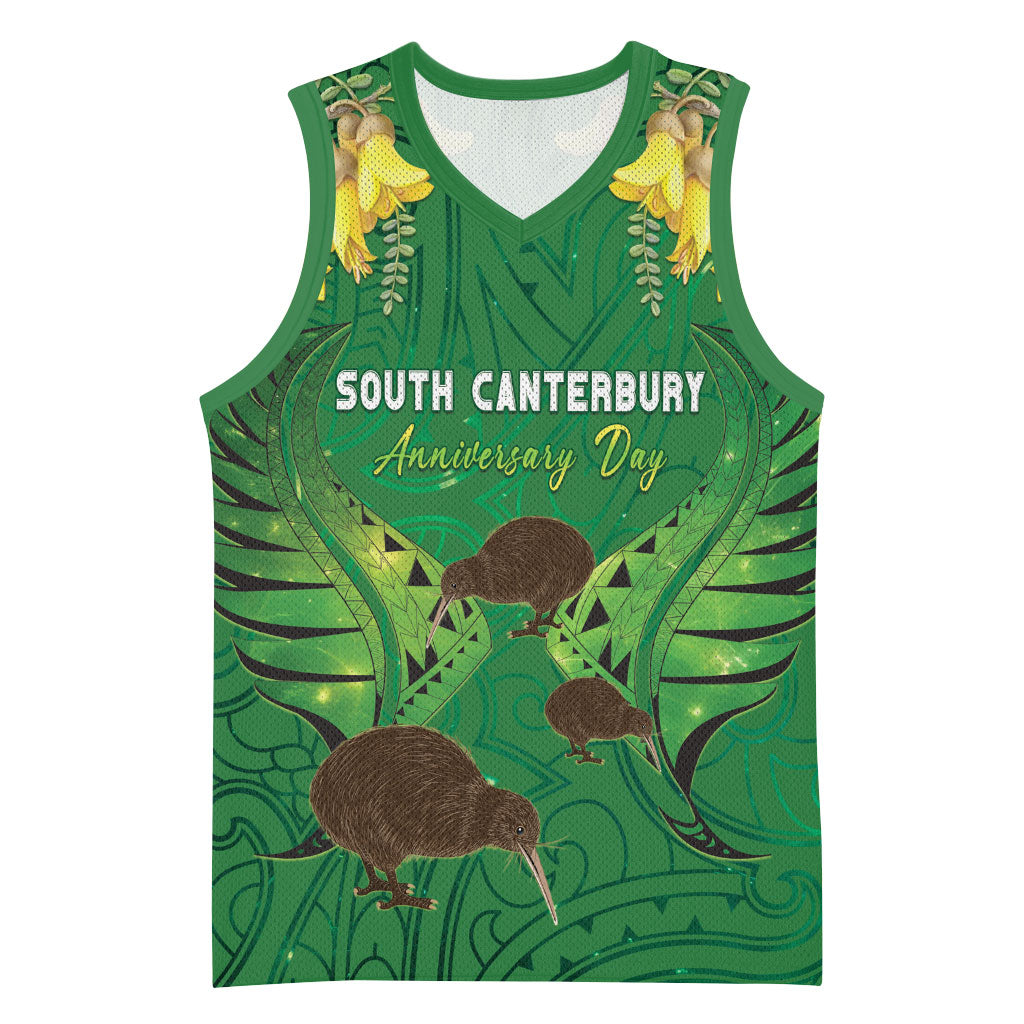Personalised South Canterbury Anniversary Day Basketball Jersey Kiwi Kowhai Silver Fern Maori Pattern LT22 Unisex Green - Polynesian Pride