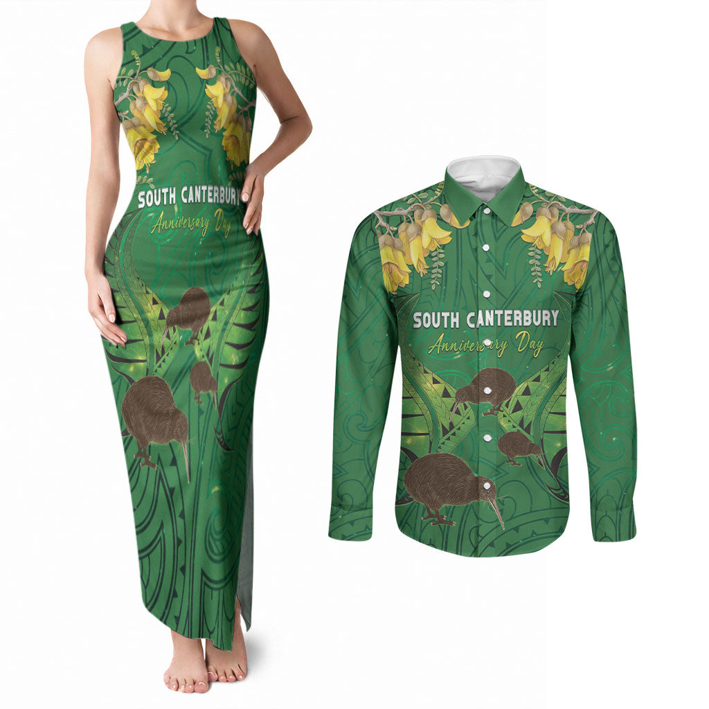 Personalised South Canterbury Anniversary Day Couples Matching Tank Maxi Dress and Long Sleeve Button Shirt Kiwi Kowhai Silver Fern Maori Pattern LT22 Green - Polynesian Pride