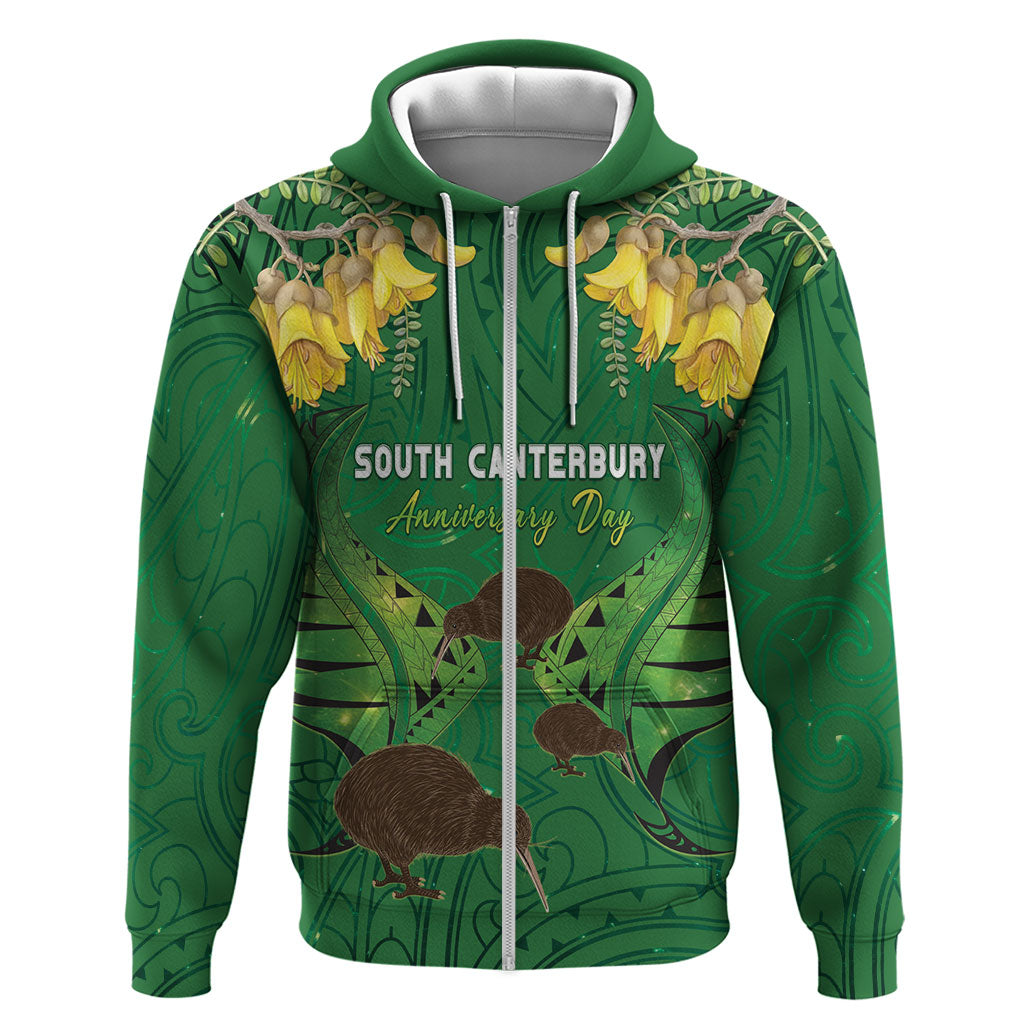 Personalised South Canterbury Anniversary Day Hoodie Kiwi Kowhai Silver Fern Maori Pattern LT22 Zip Hoodie Green - Polynesian Pride