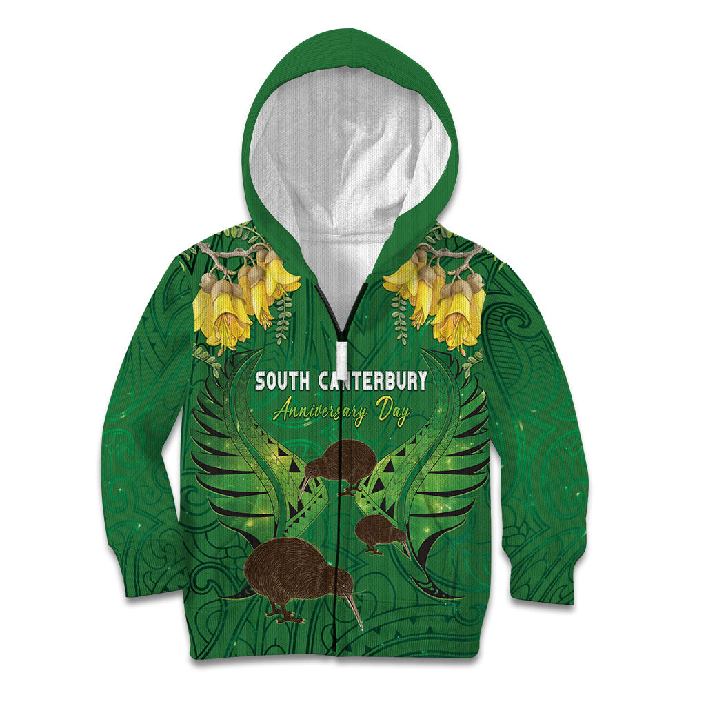 Personalised South Canterbury Anniversary Day Kid Hoodie Kiwi Kowhai Silver Fern Maori Pattern LT22 Zip Hoodie Green - Polynesian Pride