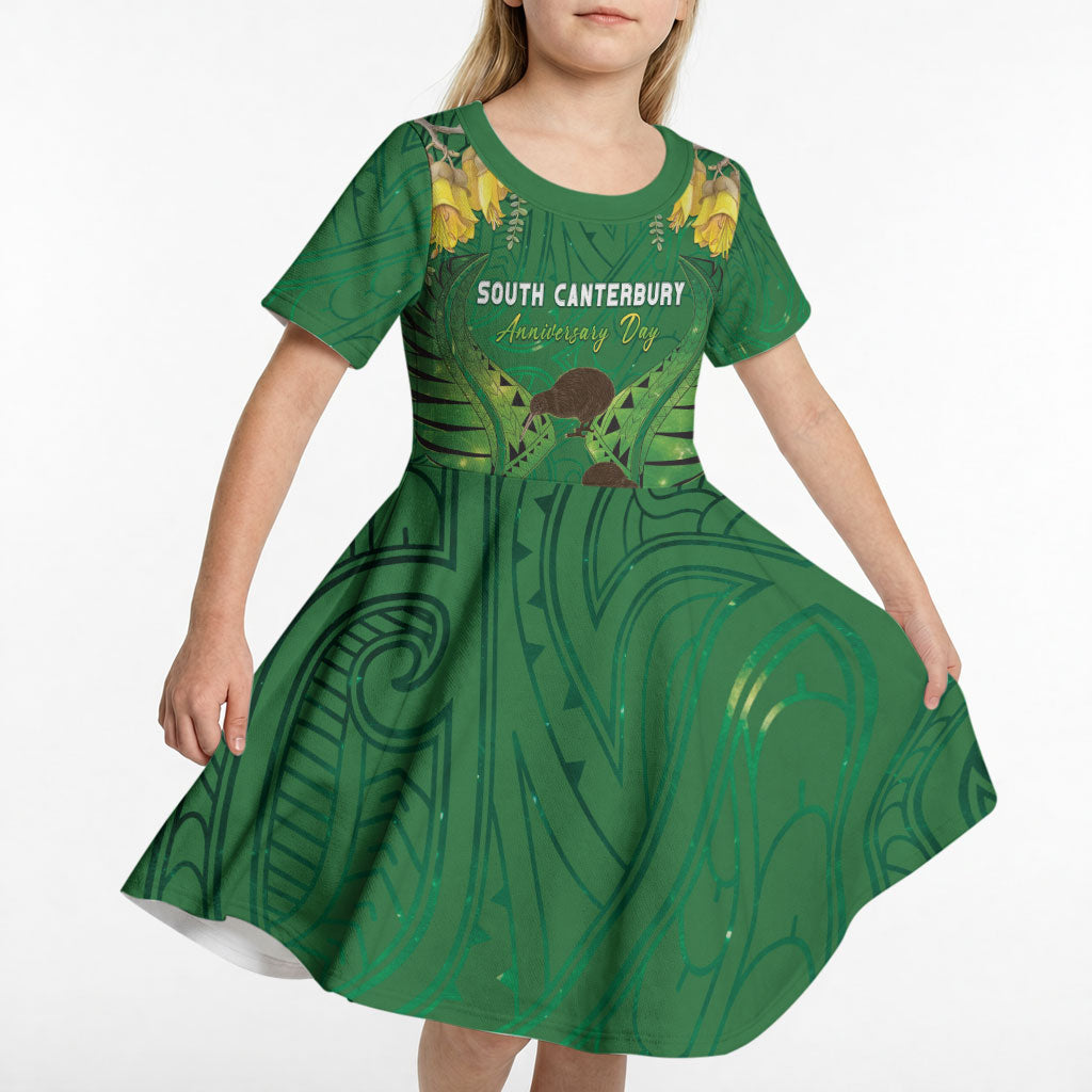 Personalised South Canterbury Anniversary Day Kid Short Sleeve Dress Kiwi Kowhai Silver Fern Maori Pattern LT22 - Polynesian Pride