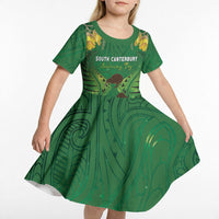 Personalised South Canterbury Anniversary Day Kid Short Sleeve Dress Kiwi Kowhai Silver Fern Maori Pattern LT22 - Polynesian Pride