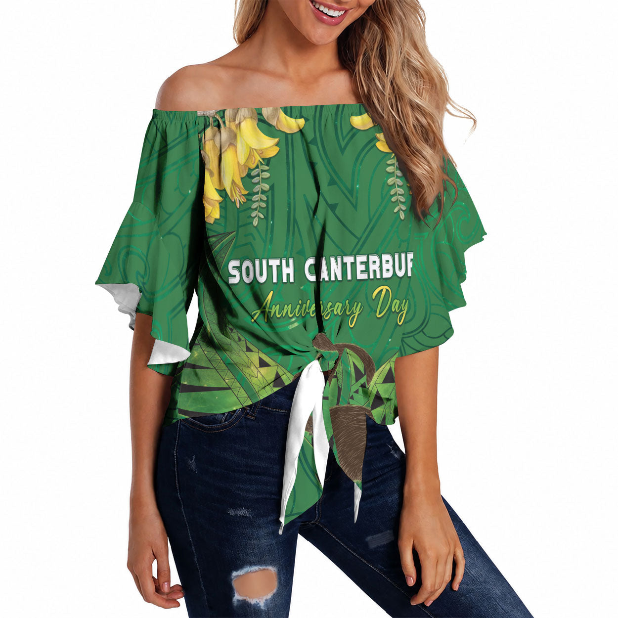 Personalised South Canterbury Anniversary Day Off Shoulder Wrap Waist Top Kiwi Kowhai Silver Fern Maori Pattern LT22 Green - Polynesian Pride