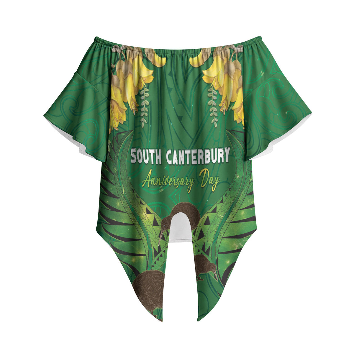 Personalised South Canterbury Anniversary Day Off Shoulder Wrap Waist Top Kiwi Kowhai Silver Fern Maori Pattern LT22 - Polynesian Pride