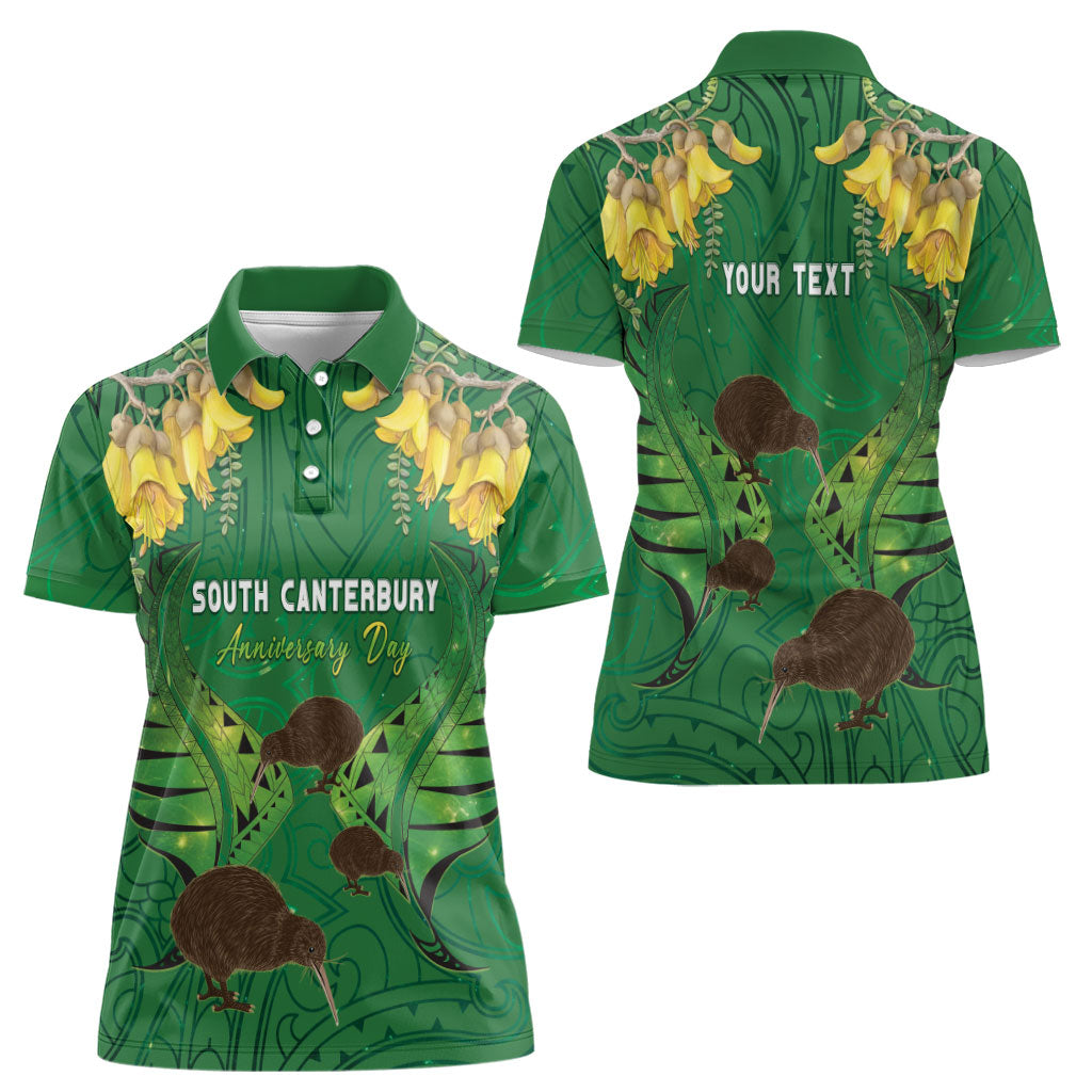 Personalised South Canterbury Anniversary Day Women Polo Shirt Kiwi Kowhai Silver Fern Maori Pattern LT22 - Polynesian Pride