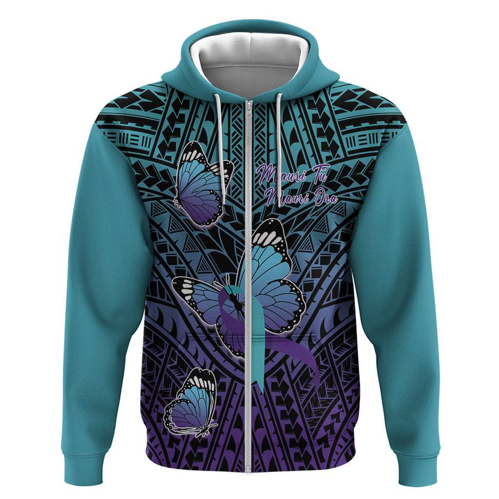 Personalised New Zealand Suicide Prevention Month Hoodie Maori Mauri Tu Mauri Ora Polynesian Pattern LT22 Zip Hoodie Teal - Polynesian Pride