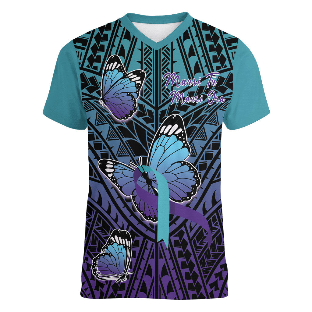 Personalised New Zealand Suicide Prevention Month Women V-Neck T-Shirt Maori Mauri Tu Mauri Ora Polynesian Pattern
