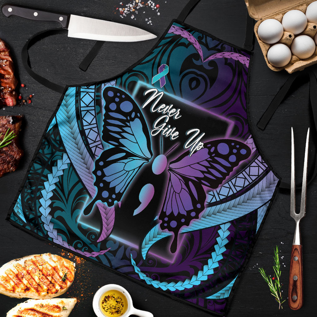 Polynesia Suicide Prevention Month Apron Semicolon Butterfly Never Give Up Polynesian Pattern LT22 Teal - Polynesian Pride