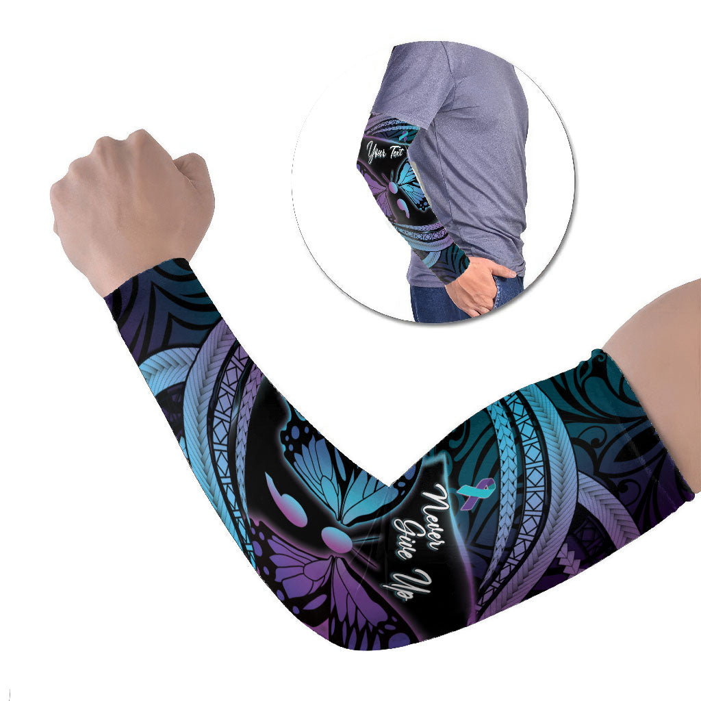 Personalised Polynesia Suicide Prevention Month Arm Sleeves Semicolon Butterfly Never Give Up Polynesian Pattern