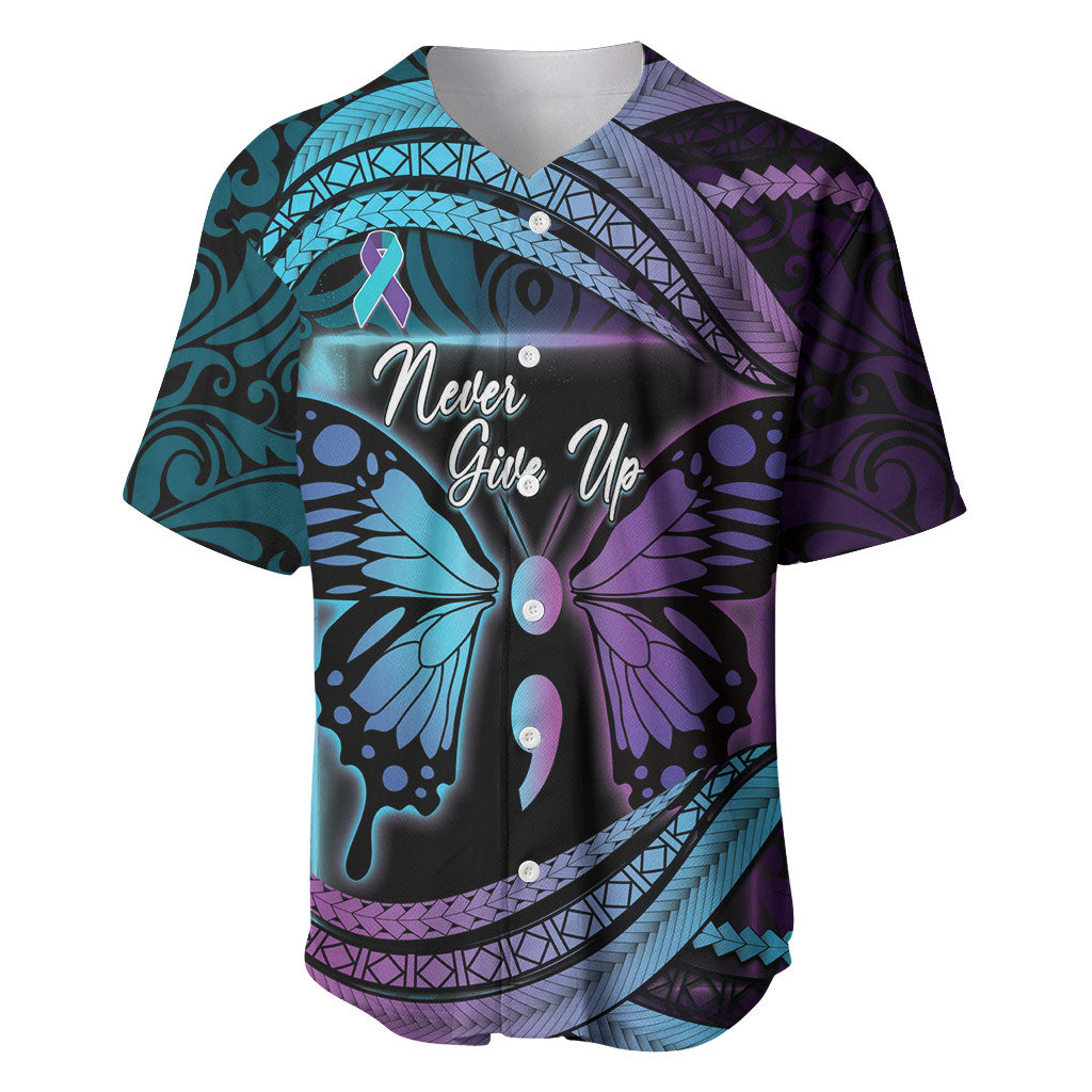 Personalised Polynesia Suicide Prevention Month Baseball Jersey Semicolon Butterfly Never Give Up Polynesian Pattern