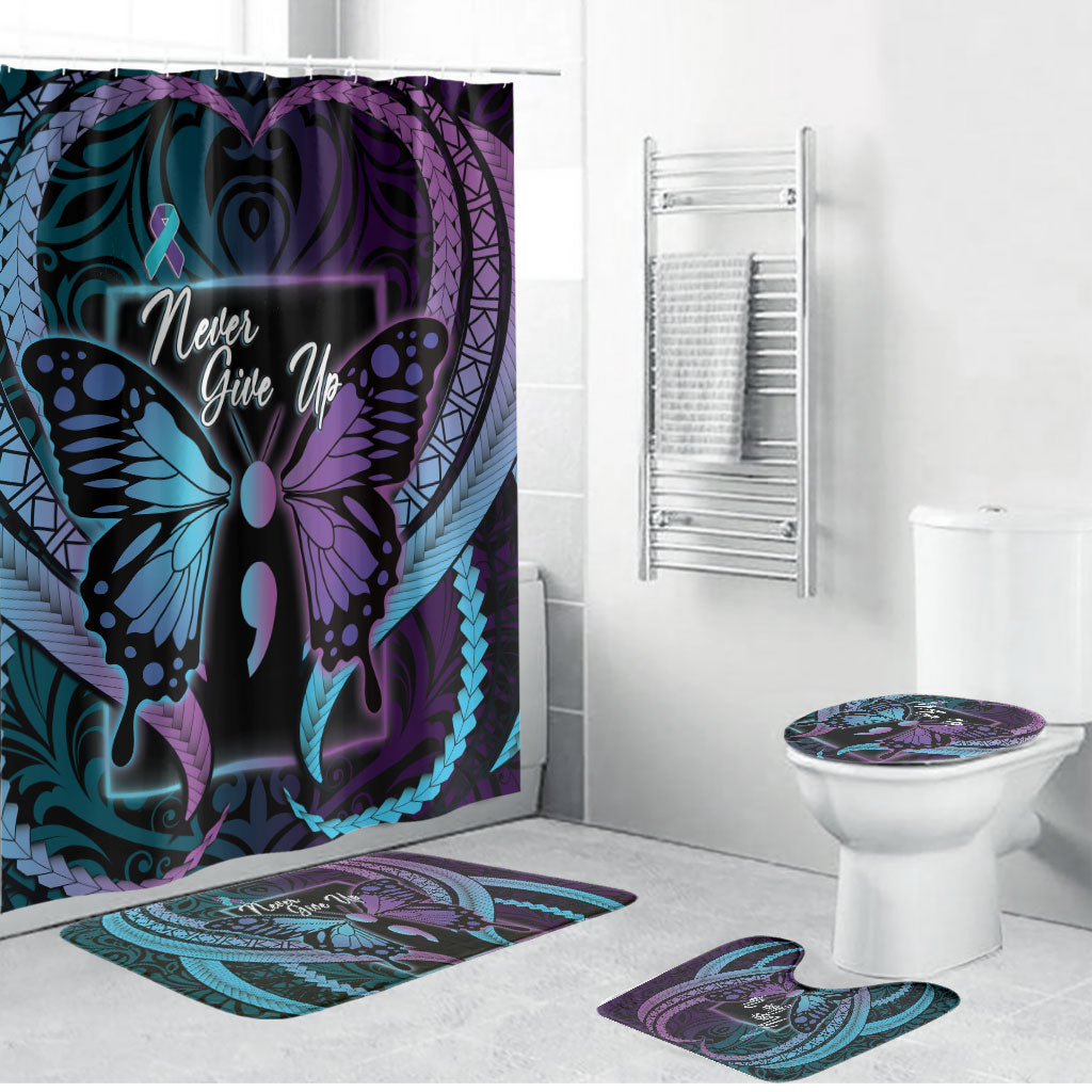 Polynesia Suicide Prevention Month Bathroom Set Semicolon Butterfly Never Give Up Polynesian Pattern