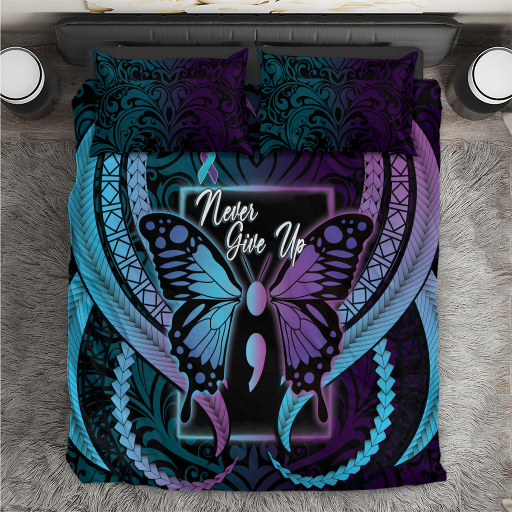 Polynesia Suicide Prevention Month Bedding Set Semicolon Butterfly Never Give Up Polynesian Pattern