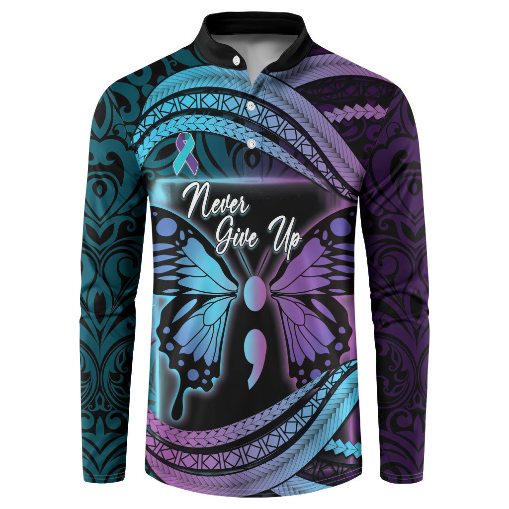 Personalised Polynesia Suicide Prevention Month Button Sweatshirt Semicolon Butterfly Never Give Up Polynesian Pattern
