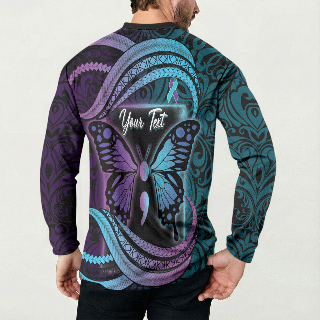 Personalised Polynesia Suicide Prevention Month Button Sweatshirt Semicolon Butterfly Never Give Up Polynesian Pattern LT22 - Polynesian Pride