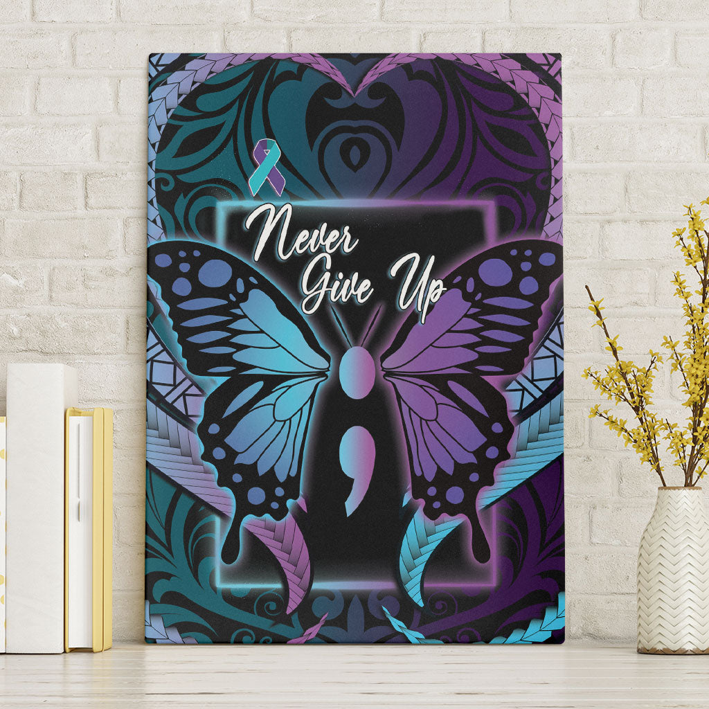 Polynesia Suicide Prevention Month Canvas Wall Art Semicolon Butterfly Never Give Up Polynesian Pattern