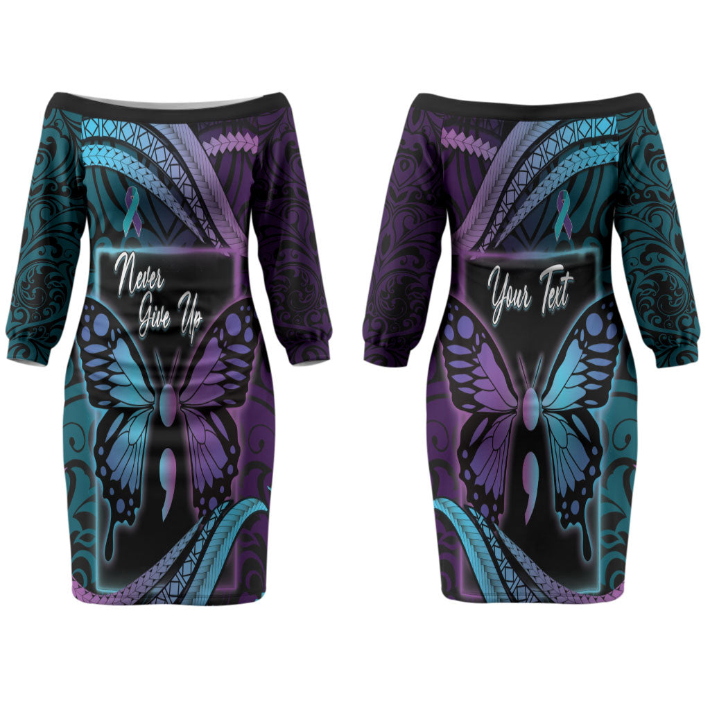 Personalised Polynesia Suicide Prevention Month Couples Matching Off The Shoulder Long Sleeve Dress and Long Sleeve Button Shirt Semicolon Butterfly Never Give Up Polynesian Pattern LT22 - Polynesian Pride