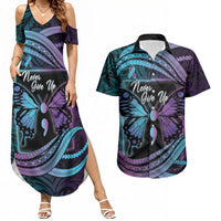 Personalised Polynesia Suicide Prevention Month Couples Matching Summer Maxi Dress and Hawaiian Shirt Semicolon Butterfly Never Give Up Polynesian Pattern LT22 Teal - Polynesian Pride