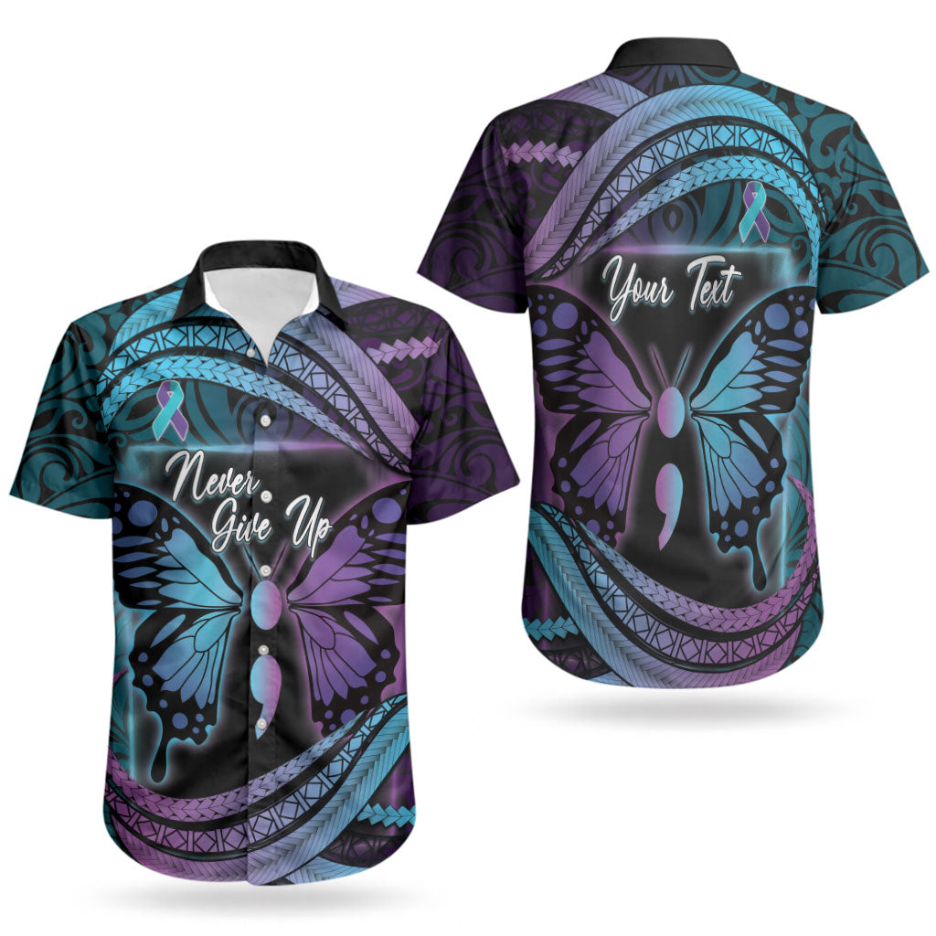 Personalised Polynesia Suicide Prevention Month Couples Matching Tank Maxi Dress and Hawaiian Shirt Semicolon Butterfly Never Give Up Polynesian Pattern LT22 - Polynesian Pride