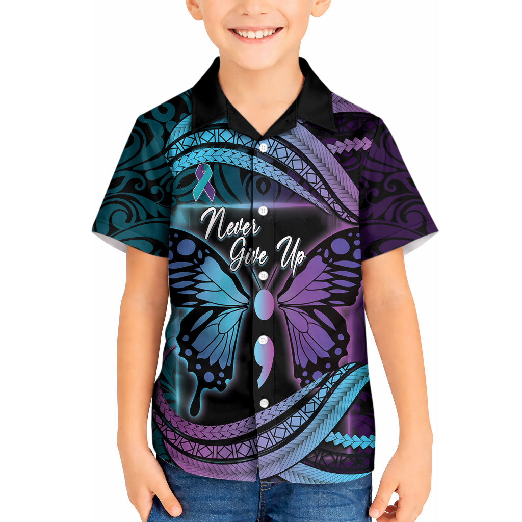 Personalised Polynesia Suicide Prevention Month Kid Hawaiian Shirt Semicolon Butterfly Never Give Up Polynesian Pattern
