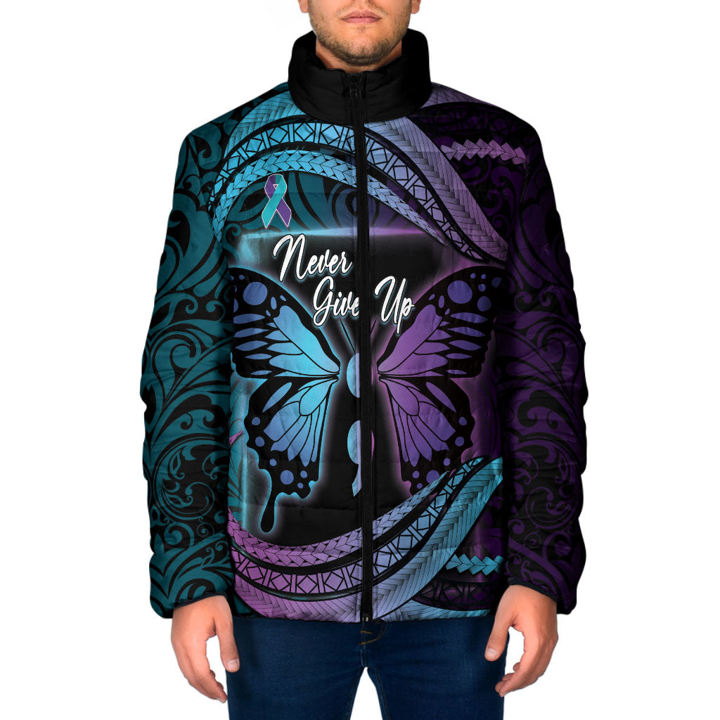 Personalised Polynesia Suicide Prevention Month Padded Jacket Semicolon Butterfly Never Give Up Polynesian Pattern
