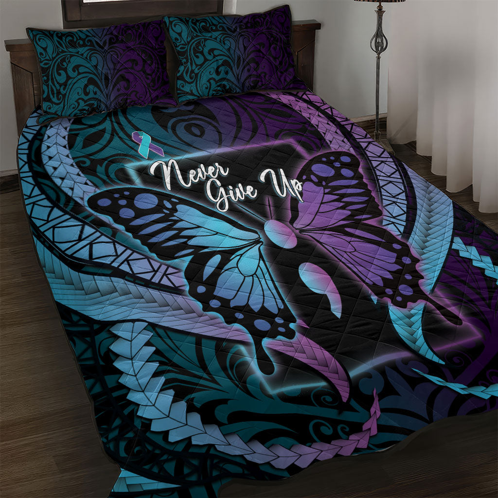 Polynesia Suicide Prevention Month Quilt Bed Set Semicolon Butterfly Never Give Up Polynesian Pattern