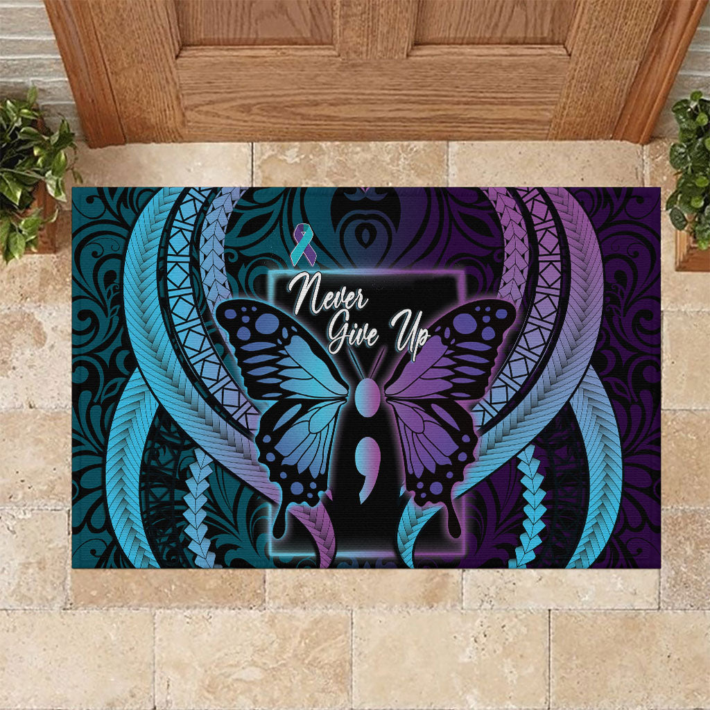 Polynesia Suicide Prevention Month Rubber Doormat Semicolon Butterfly Never Give Up Polynesian Pattern
