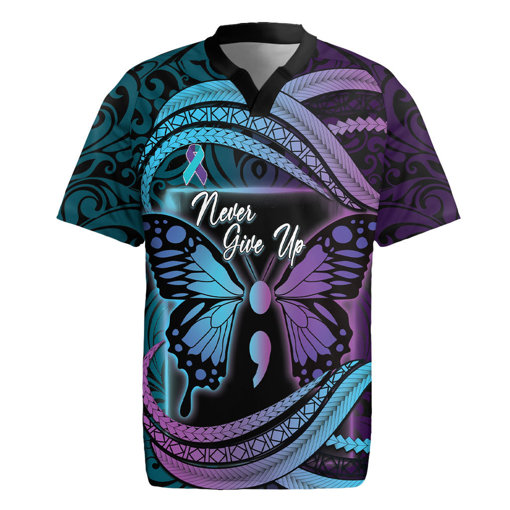 Personalised Polynesia Suicide Prevention Month Rugby Jersey Semicolon Butterfly Never Give Up Polynesian Pattern