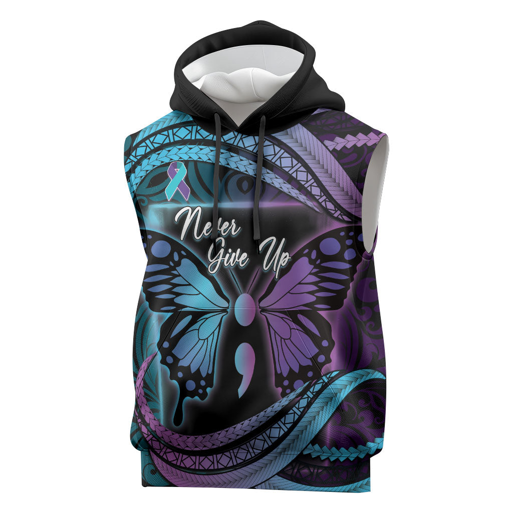 Personalised Polynesia Suicide Prevention Month Sleeveless Hoodie Semicolon Butterfly Never Give Up Polynesian Pattern