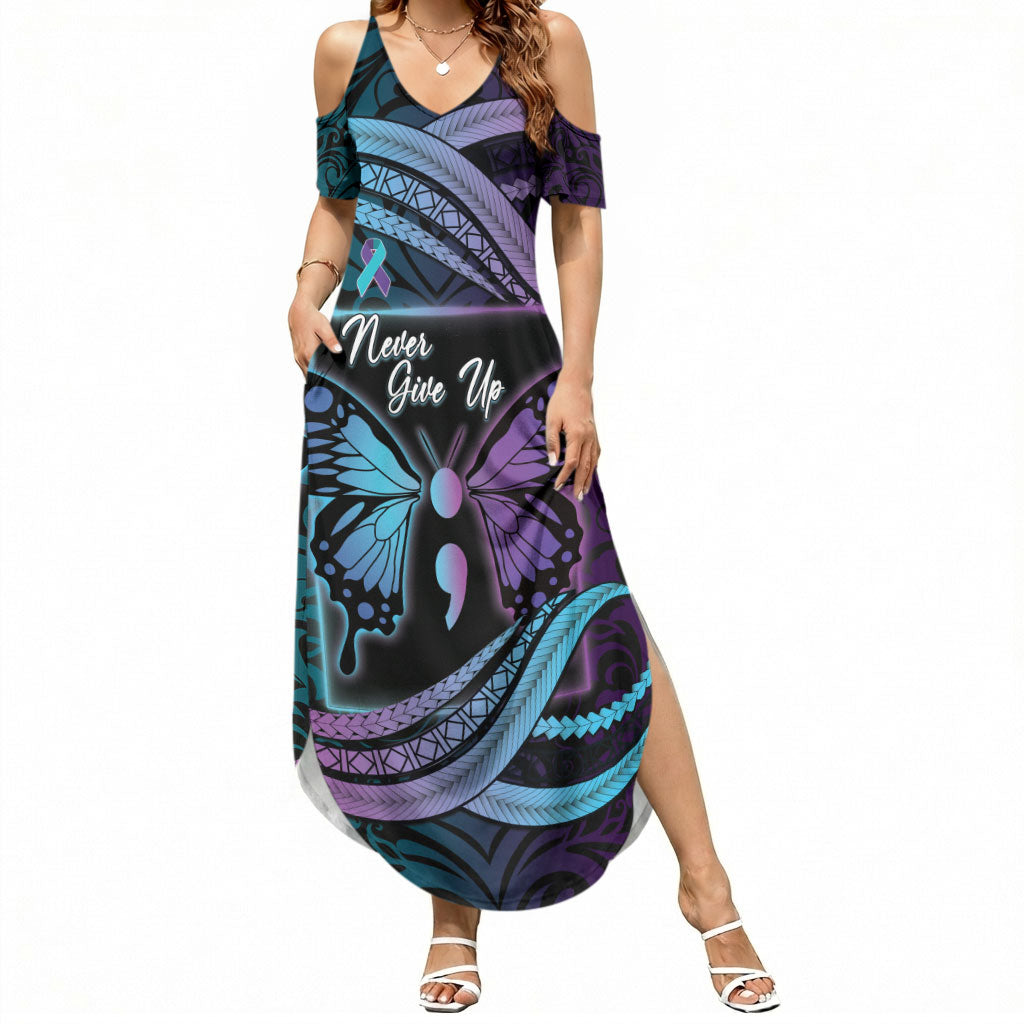 Personalised Polynesia Suicide Prevention Month Summer Maxi Dress Semicolon Butterfly Never Give Up Polynesian Pattern