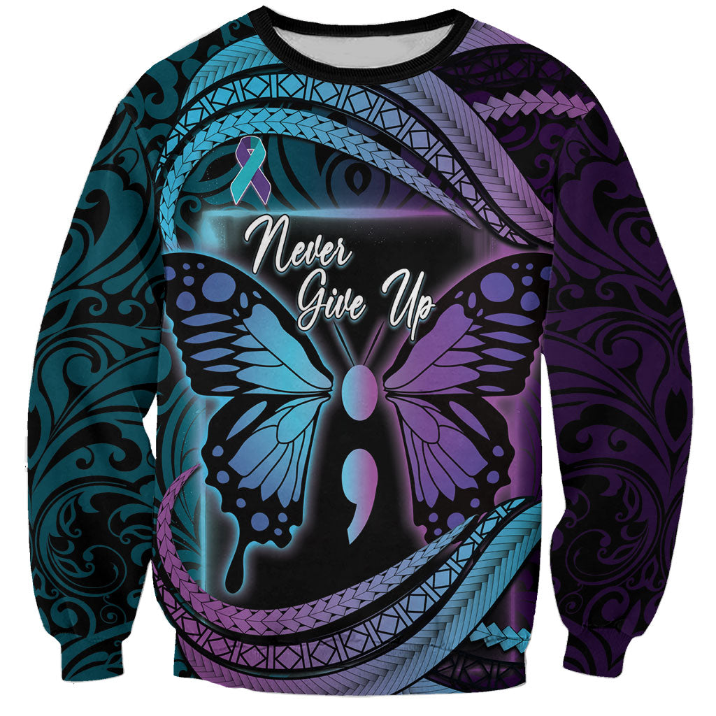 Personalised Polynesia Suicide Prevention Month Sweatshirt Semicolon Butterfly Never Give Up Polynesian Pattern