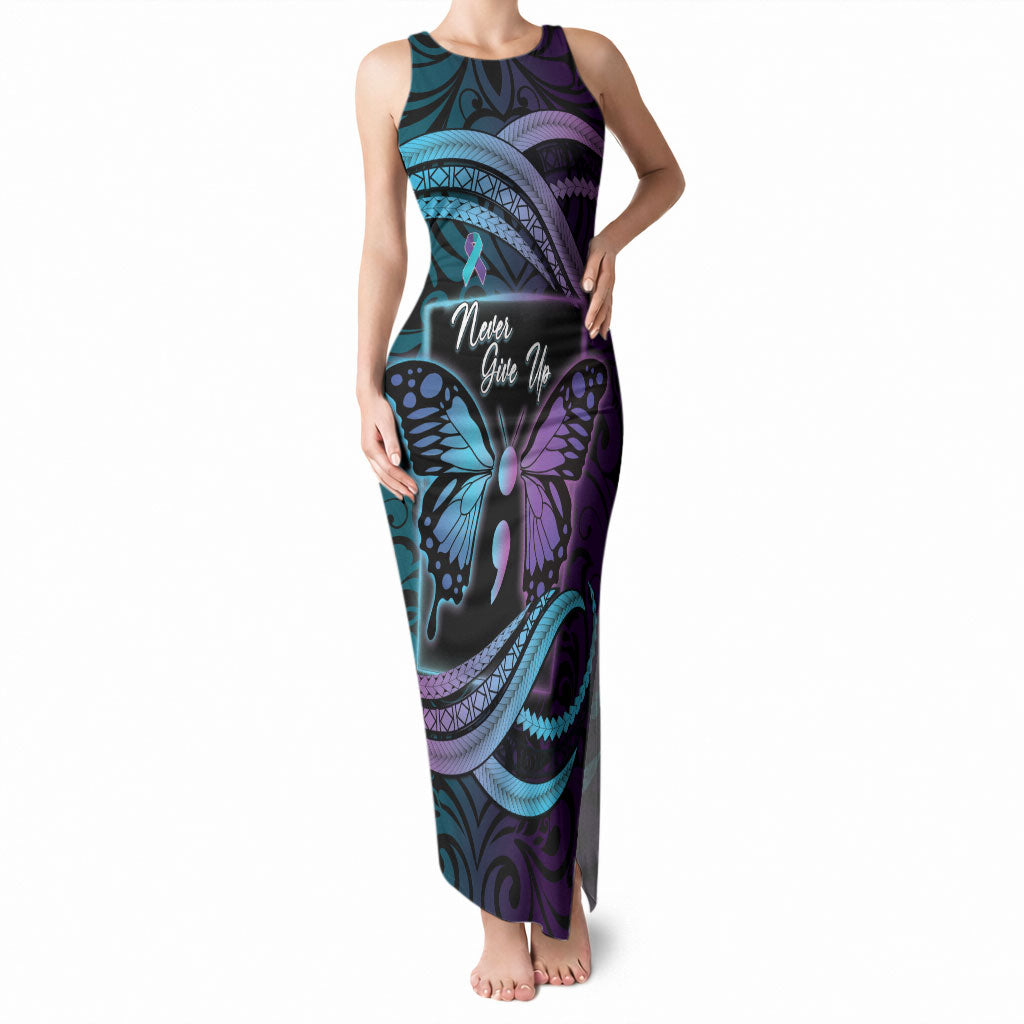 Personalised Polynesia Suicide Prevention Month Tank Maxi Dress Semicolon Butterfly Never Give Up Polynesian Pattern