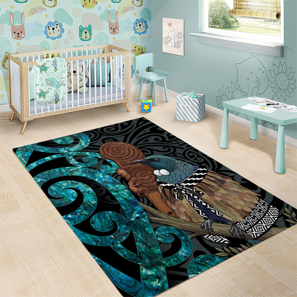 New Zealand Tui Bird Wahaika Area Rug Maori Weapon Paua Shell Koru Pattern